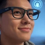 Meta Glasses review: A catchy feature image of a stylish person wearing Ray-Ban Meta smart glasses with AI interface elements, surrounded by icons of Meta AI features like translation and hands-free controls, on a futuristic digital background showing battery life concerns and new model upgrades, in a 16 by 9 ratio.