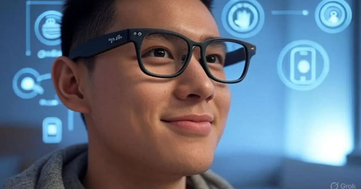 Meta Glasses review: A catchy feature image of a stylish person wearing Ray-Ban Meta smart glasses with AI interface elements, surrounded by icons of Meta AI features like translation and hands-free controls, on a futuristic digital background showing battery life concerns and new model upgrades, in a 16 by 9 ratio.