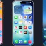 Three iPhones side-by-side, showcasing concept designs for an iOS Messages app, home screen, and lock screen