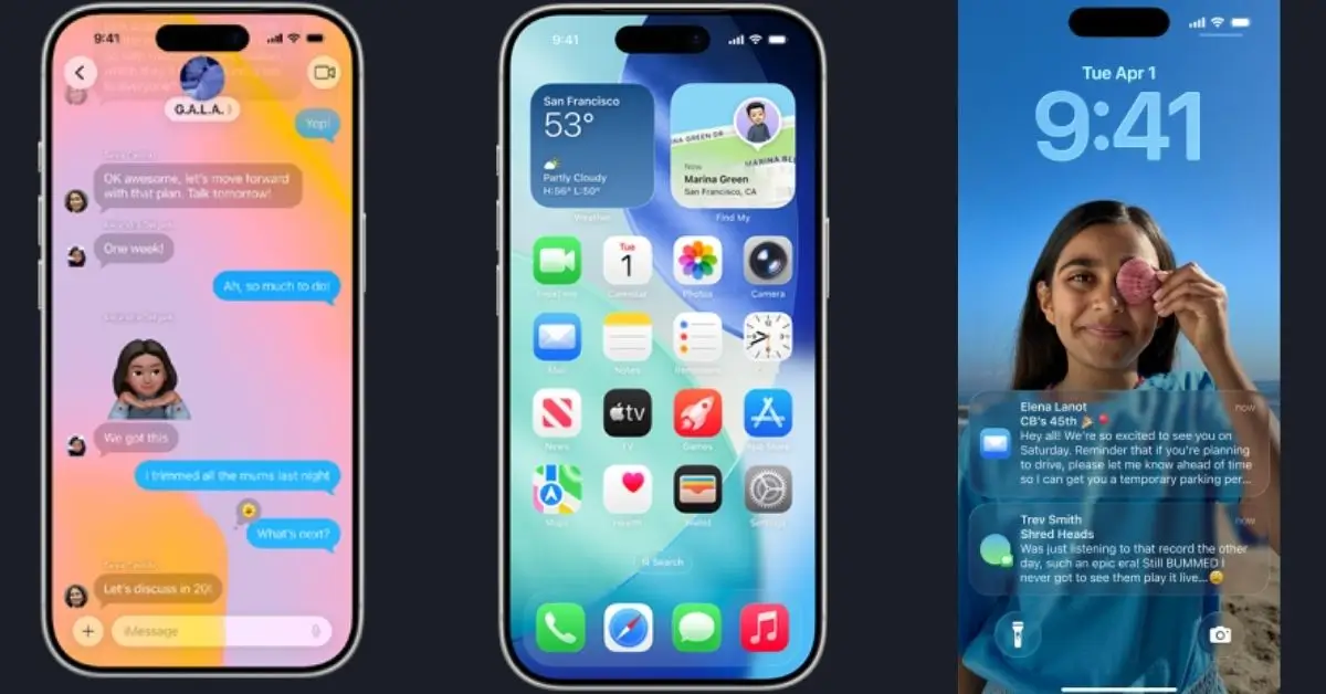Three iPhones side-by-side, showcasing concept designs for an iOS Messages app, home screen, and lock screen