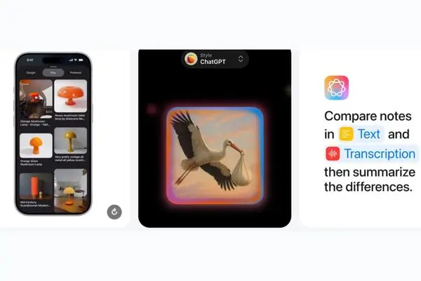 A collage of three concept images showing potential iOS 26 features: an image search, an AI image generator, and a smart Notes app function.