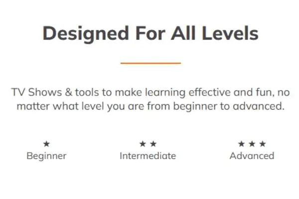 A section of the Lingopie website that says "Designed For All Levels" with star ratings for Beginner, Intermediate, and Advanced learners.