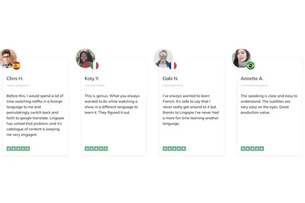 Four customer reviews for Lingopie from users learning Spanish, Italian, French, and Portuguese, all giving positive feedback and five-star ratings.