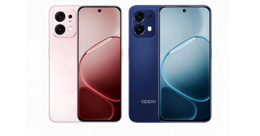 Promotional render of OPPO A6 Pro 5G global edition smartphones in Coral Pink and Stellar Blue color variants, displaying front and back views side by side.