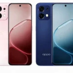 Promotional render of OPPO A6 Pro 5G global edition smartphones in Coral Pink and Stellar Blue color variants, displaying front and back views side by side.