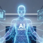 AI Agency, and ai agencies: glowing blue hologram figure labeled 'AI AGENTS' in a modern boardroom, connected to financial and data screens, representing the centralized power of autonomous AI in business.