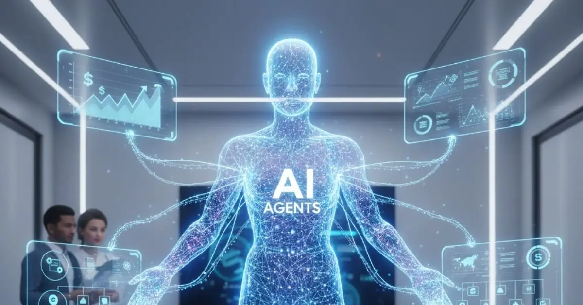 AI Agency, and ai agencies: glowing blue hologram figure labeled 'AI AGENTS' in a modern boardroom, connected to financial and data screens, representing the centralized power of autonomous AI in business.