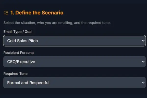 Screenshot showing Step 1 of the AI Email Assistant Pro: selecting 'Cold Sales Pitch,' 'CEO/Executive,' and 'Formal and Respectful' tone.