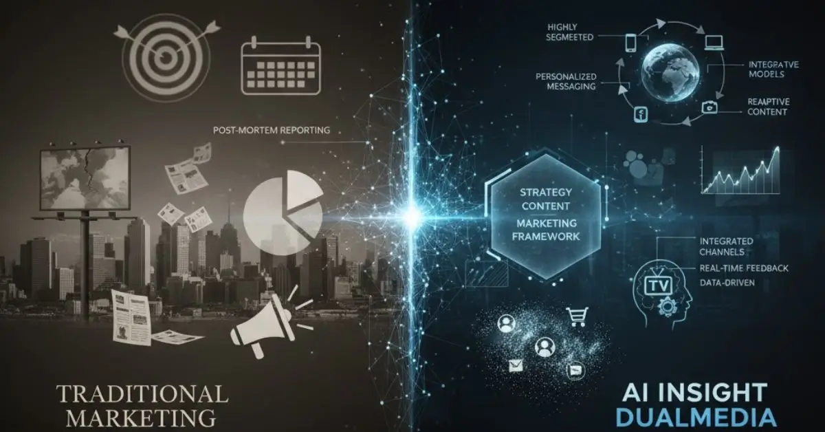 A dual image comparing "Traditional Marketing" on the left (represented by print ads, billboards, and broad demographics) with "AI Insights DualMedia" on the right (represented by interconnected digital icons, data analytics, and personalized content). A glowing nexus connects the two, highlighting the transition.