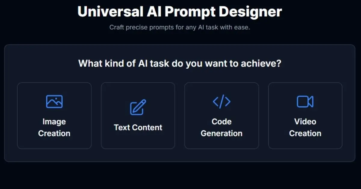 Universal AI Prompt Designer main screen showing four task categories: Image, Text, Code, and Video Creation.