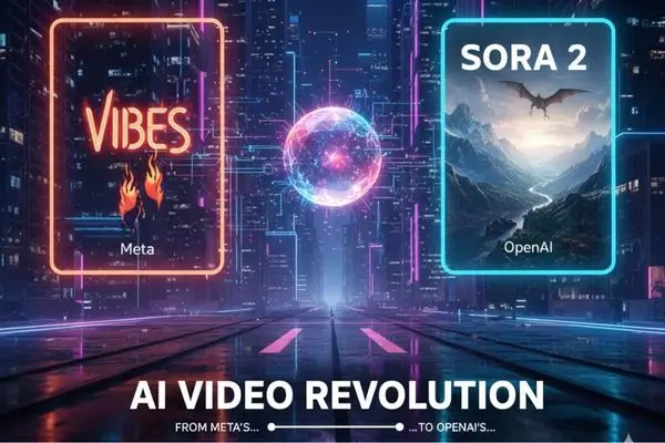 A futuristic, neon-lit digital cityscape with two glowing holographic screens. The left screen displays 'VIBES' with the Meta logo and fire graphics. The right screen displays 'SORA 2' with the OpenAI logo and a dragon flying over a mountain landscape. Text at the bottom reads 'AI VIDEO REVOLUTION: FROM META'S...TO OPENAI'S