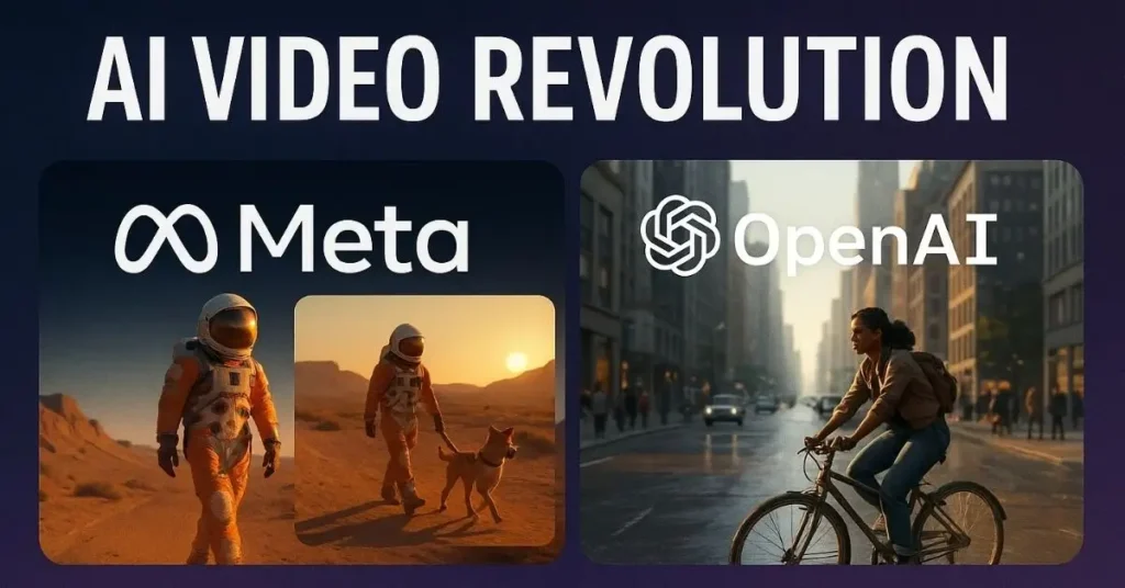 A side-by-side comparison image for the AI Video Revolution. The left side shows the Meta logo with an AI-generated image of two astronauts walking a dog in a desert at sunset. The right side shows the OpenAI logo with an AI-generated image of a woman riding a bicycle on a busy city street.
