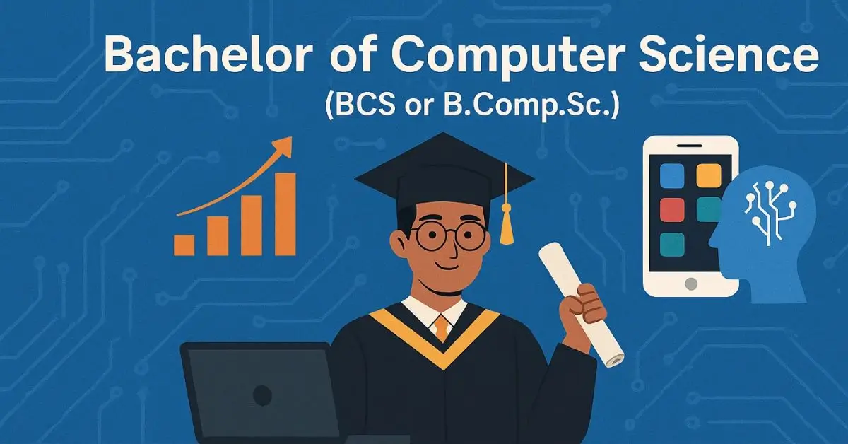 Bachelor of Computer Science, An illustration of a graduate in a cap and gown holding a diploma, standing in front of a laptop and mobile device with a brain icon and growth chart, symbolizing education and career growth in computer science.
