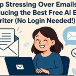 Cartoon woman smiling, happily typing an email on a laptop next to a large envelope with a checkmark.