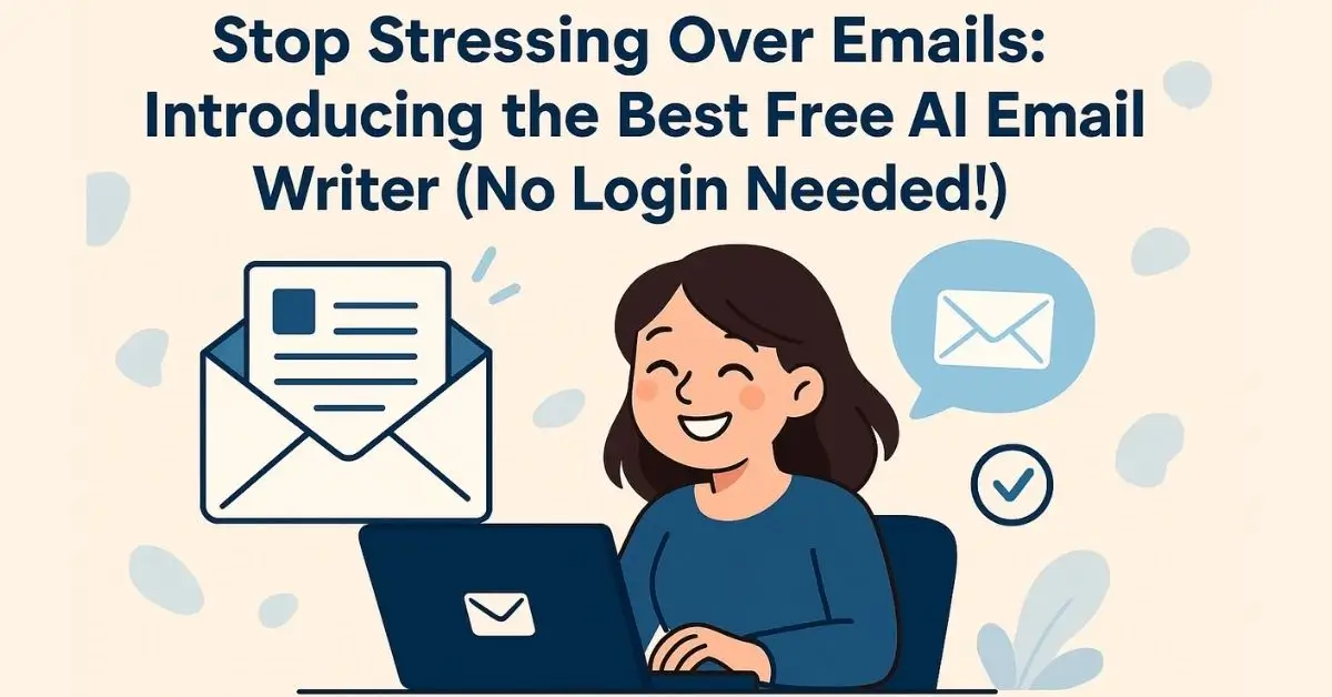 Cartoon woman smiling, happily typing an email on a laptop next to a large envelope with a checkmark.