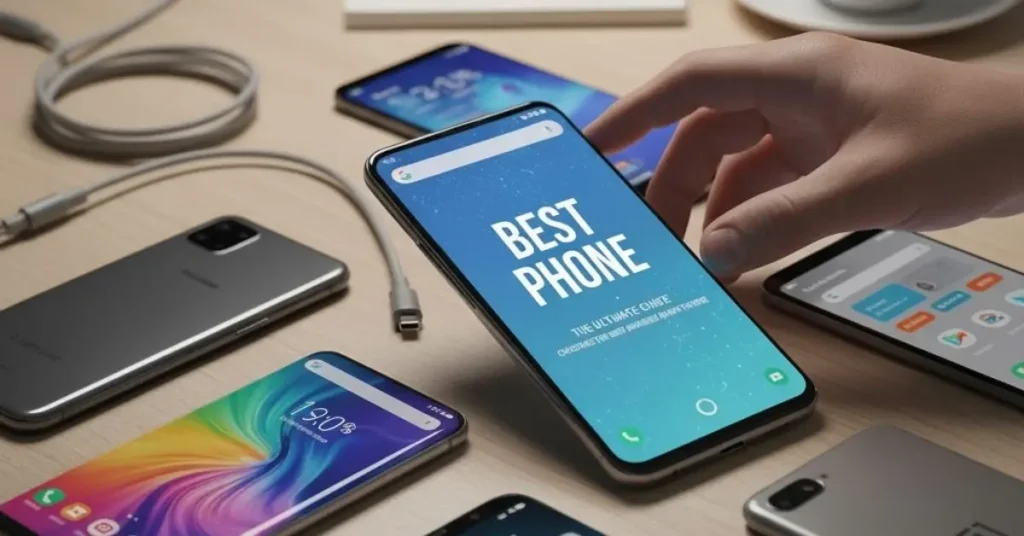 A professional overhead shot of several modern, bezel-less smartphones scattered on a wooden desk, with a hand reaching to tap the screen of a central phone displaying the text: "BEST PHONE: THE ULTIMATE GUIDE."