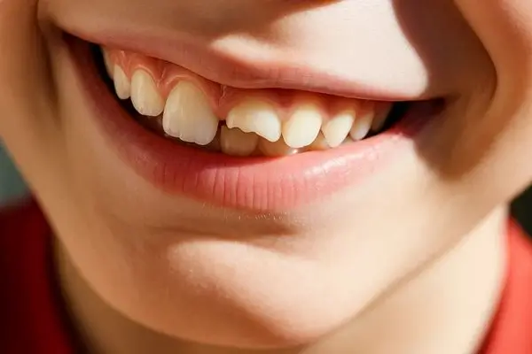 A close-up of a child's smiling mouth, revealing a chipped front tooth.