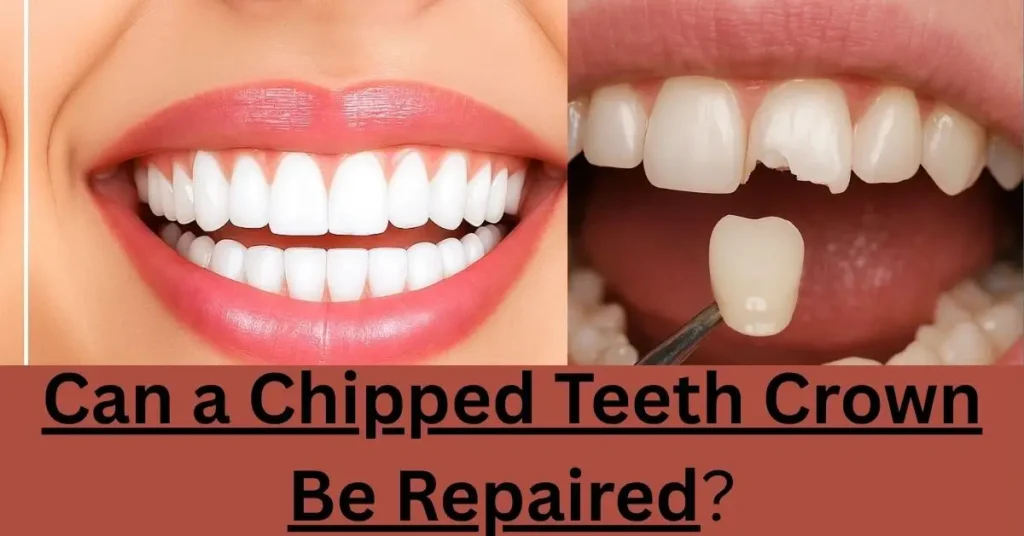 A split image showing a perfect smile and a chipped tooth, asking "Can a Chipped Teeth Crown Be Repaired?".
