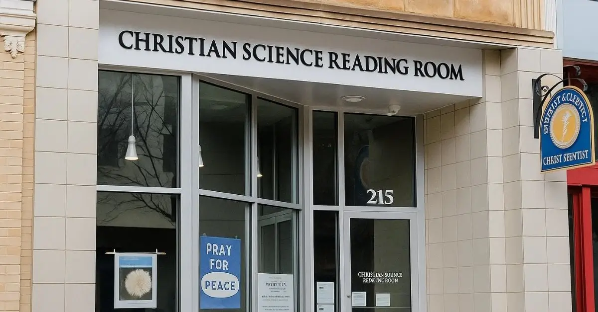 Exterior of a Christian Science Reading Room with signs for prayer and peace.