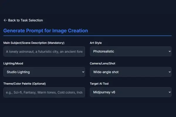 Image Creation form in the AI Prompt Designer with fields filled: Subject "A lonely astronaut...", Style "Photorealistic," and Target Tool "Midjourney v6."