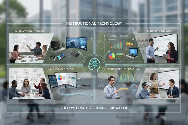 A diagram with "INSTRUCTIONAL TECHNOLOGY services" at the center, surrounded by sections for instructional design, technology tools, learner progress, assessment & analytics, support & training, and tech guides, with people using devices and charts.