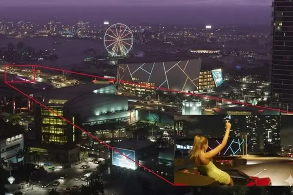 GTA 6 Vice City nighttime skyline from trailer 2 with neon-lit ferris wheel, modern arena, blonde woman taking selfie in red car, purple sky, GTA 6 gameplay preview