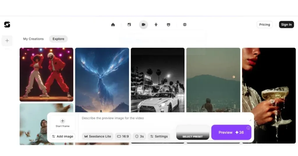 Haiper AI video creation interface with preview thumbnails and editing options