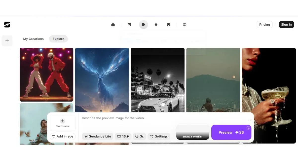 Haiper AI video creation interface with preview thumbnails and editing options