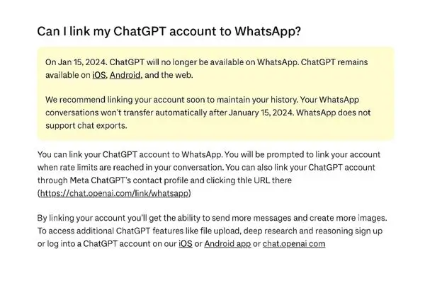 openai news: ChatGPT WhatsApp transition guide screenshot with yellow background, text explaining account linking process, OpenAI support notice for iOS, Android, and web, deadline January 15, 2024