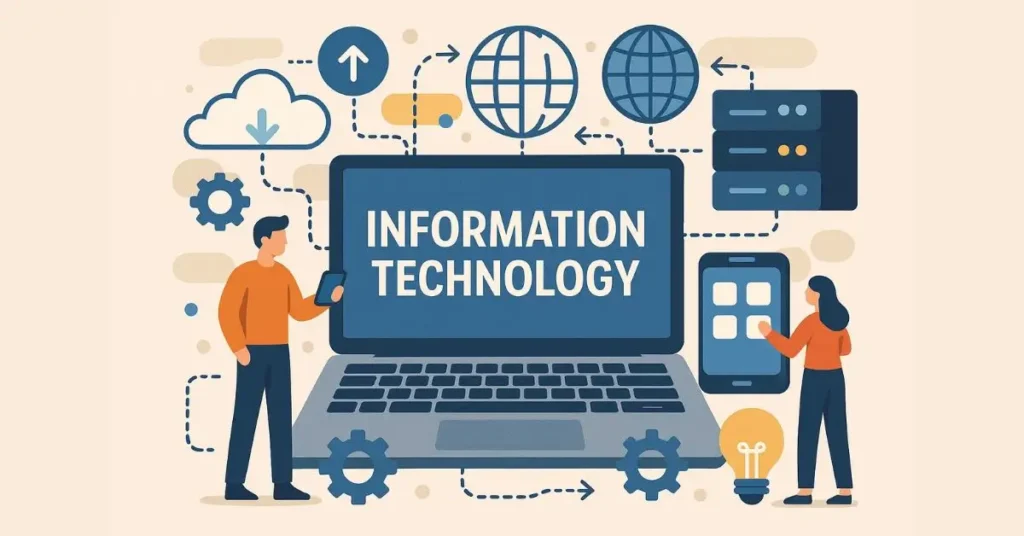 An illustration featuring two people interacting with a large laptop displaying "INFORMATION TECHNOLOGY." Surrounding elements include clouds, gears, a globe, servers, and a mobile device, symbolizing connectivity, data, and tech innovation.