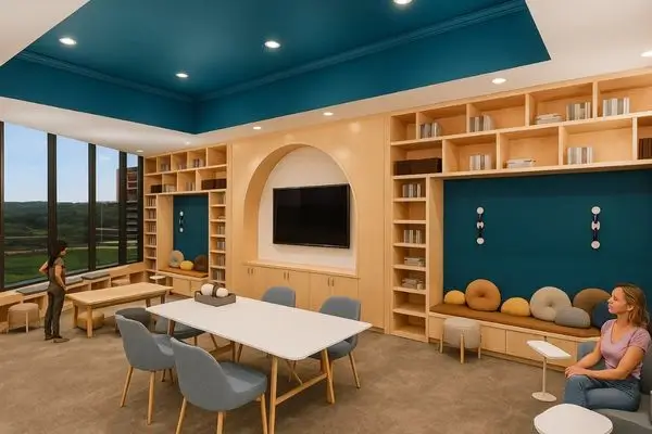 Modern Christian Science reading room with bookshelves and seating.