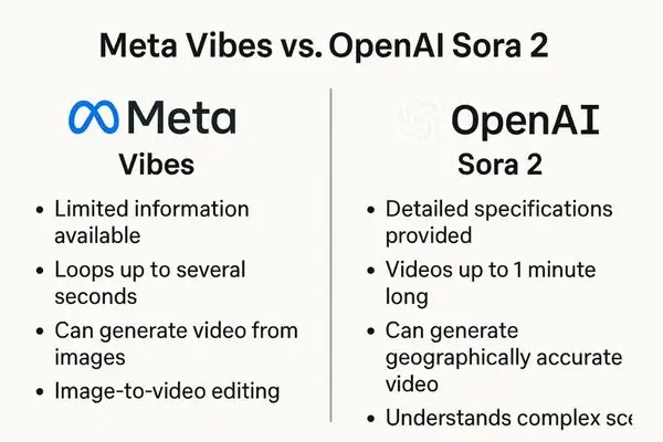 A comparison chart titled 'Meta Vibes vs. OpenAI Sora 2' listing key features. Meta Vibes is described as having limited information, loops up to several seconds, generating video from images, and image-to-video editing. OpenAI Sora 2 is described as having detailed specifications, videos up to 1 minute, generating geographically accurate video, and understanding complex scenes.