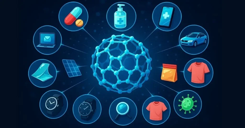 Nanotechnology in Medicine: A vibrant illustration of nanoparticles delivering drugs to a cell, glowing with a green hue