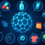 Nanotechnology in Medicine: A vibrant illustration of nanoparticles delivering drugs to a cell, glowing with a green hue