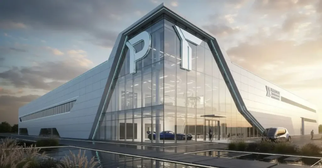 precision technologies international: A modern, angular building with a large glass facade at dusk, featuring reflective pools and sleek cars.