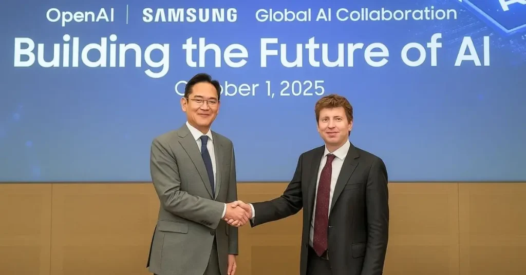 OpenAI and Samsung Global AI Collaboration handshake with CEOs, large screen displaying OpenAI Samsung partnership, blue background, October 1, 2025 date, futuristic AI theme