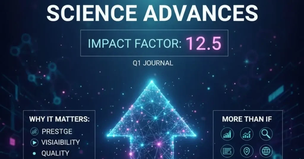 Digital representation of "Science Advances Impact Factor 12.5 Q1 Journal" with glowing upward arrow and reasons it matters (Prestige, Visibility, Quality) and alternative metrics.