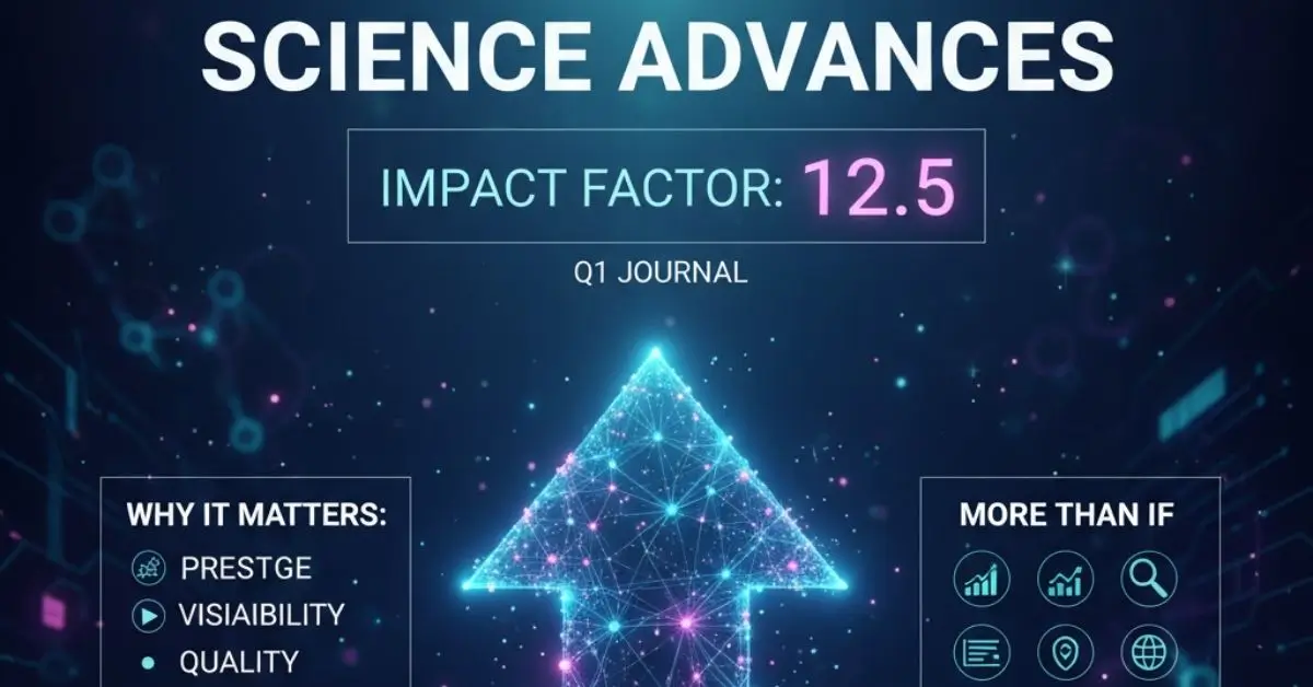 Digital representation of "Science Advances Impact Factor 12.5 Q1 Journal" with glowing upward arrow and reasons it matters (Prestige, Visibility, Quality) and alternative metrics.
