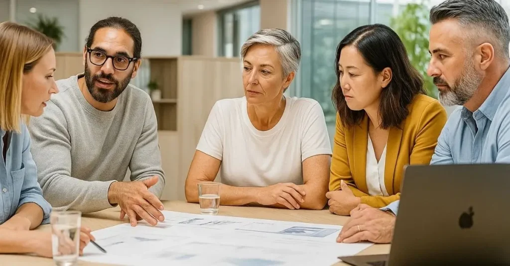 A diverse team of five professionals reviewing documents and collaborating around a conference table.