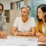 A diverse team of five professionals reviewing documents and collaborating around a conference table.