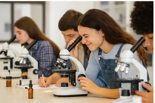 A group of students in a classroom using microscopes, with a young woman in the foreground looking into the eyepiece and smiling.