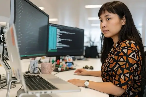 A woman working on technology solutions intently at a triple-monitor workstation displaying complex code and data in an open-office setting.