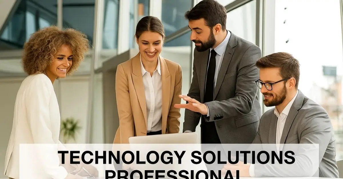 Group of professionals discussing technology solutions around a laptop in a modern office.