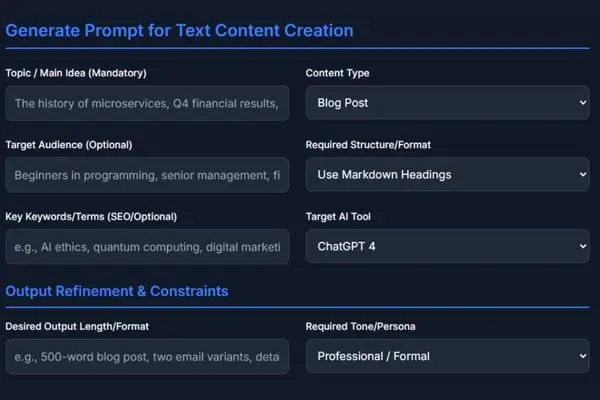 Text Content form showing fields for a Blog Post: Topic "The history of microservices," Audience, Structure "Markdown Headings," and Target AI Tool "ChatGPT 4."