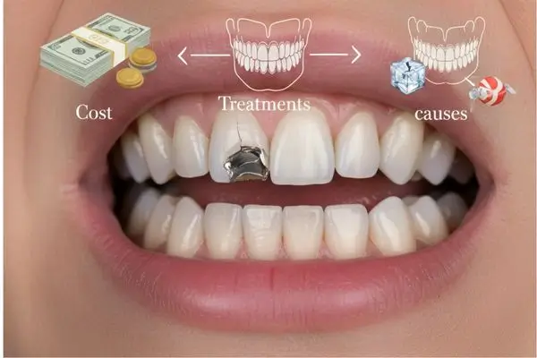 A close-up of a chipped tooth with graphics illustrating the causes, cost, and treatments for dental damage.