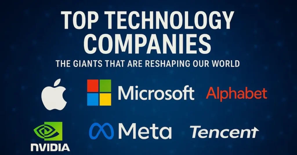 Technology companies: A futuristic illustration of an AI-powered robot arm assembling a circuit board, with glowing digital screens displaying code and data analytics in a high-tech laboratory setting.
