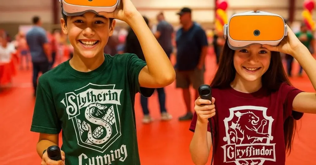 Two children wearing virtual reality headsets and holding controllers, dressed in Slytherin and Gryffindor shirts, smiling in a crowded indoor event with a red floor.