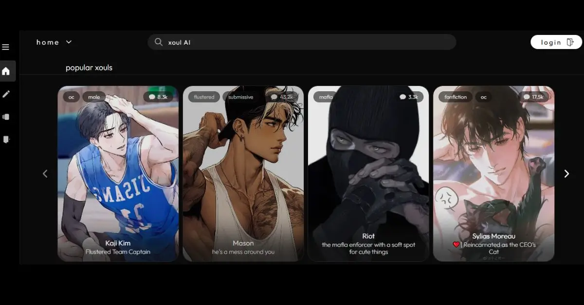 A screenshot from the Xoul AI platform's character selection page, showing a grid of four character profiles under the "popular xouls" section. The characters are illustrated in a stylized, anime-like art style. From left to right: "Kaji Kim, Flustered Team Captain" (male, basketball jersey), "Mason, he's a mess around you" (male, muscular, tank top), "Riot, the mafia enforcer with a soft spot for cute things" (male, wearing a black ski mask and beanie), and "Sylias Moreau, Reincarnated as the CEO's Cat" (male, holding a cat). The search bar at the top reads "xoul AI."