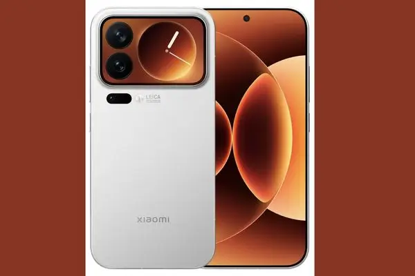A render of the back and front of a white Xiaomi smartphone, featuring a rectangular camera module with a small secondary screen.