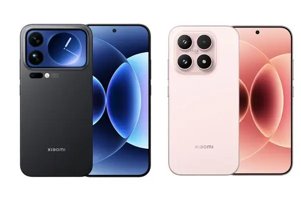 Two Xiaomi smartphones, one black with a rear display and one pink with a standard quad-camera setup, shown side-by-side.